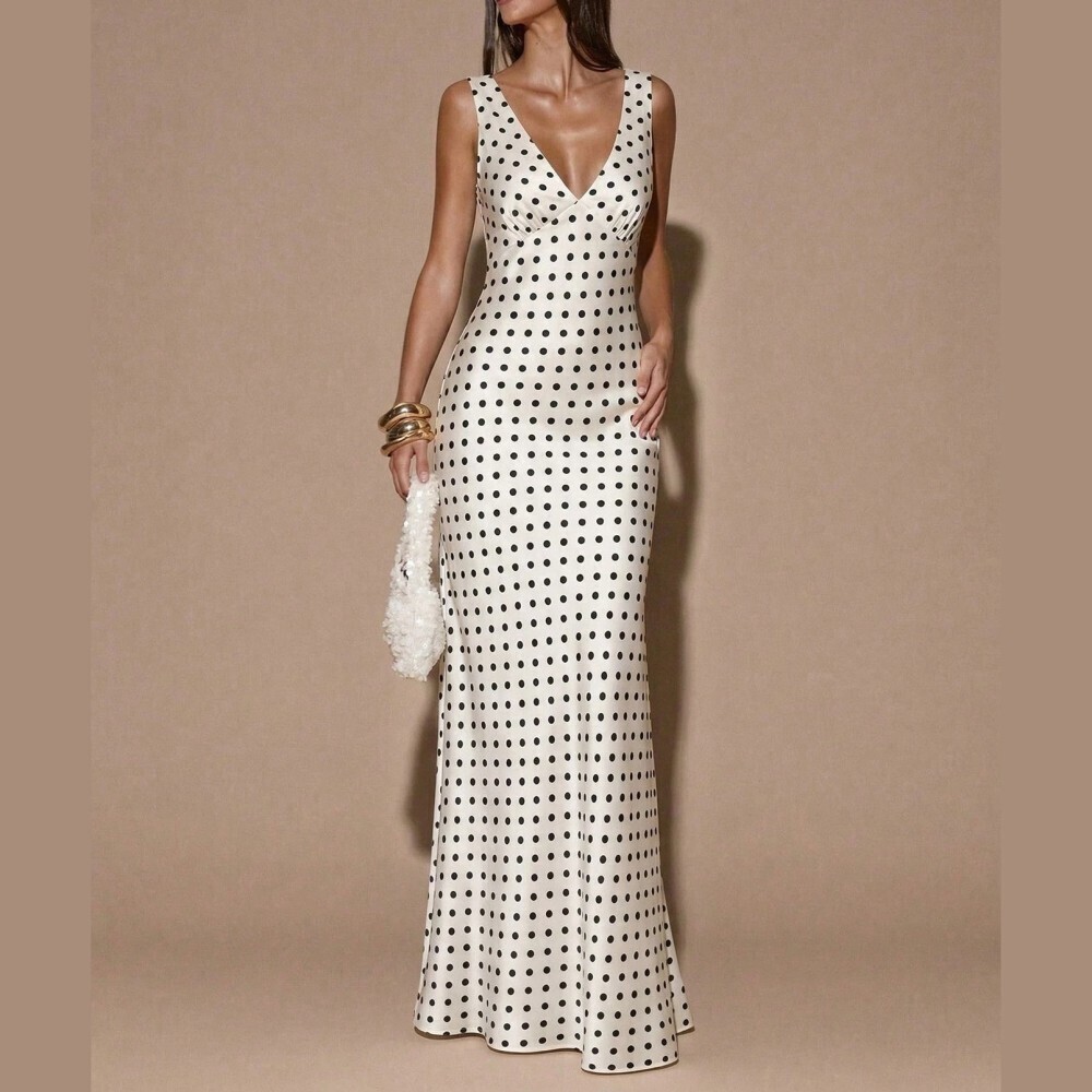 Ivory White / Black Polka Dot Maxi Dress With Deep V Neckline